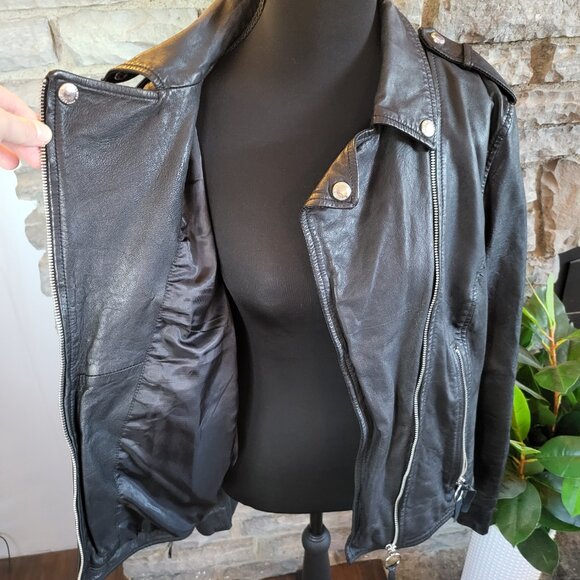 Sam Edelman Moto Biker Zip Cuff Black Jacket Leather Texture Womens Large - Picture 7 of 16